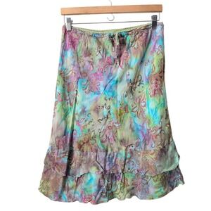 Santiki Vintage Large Batik Tie Dye Ruffle Tiered Midi Skirt Rayon Fairy Boho